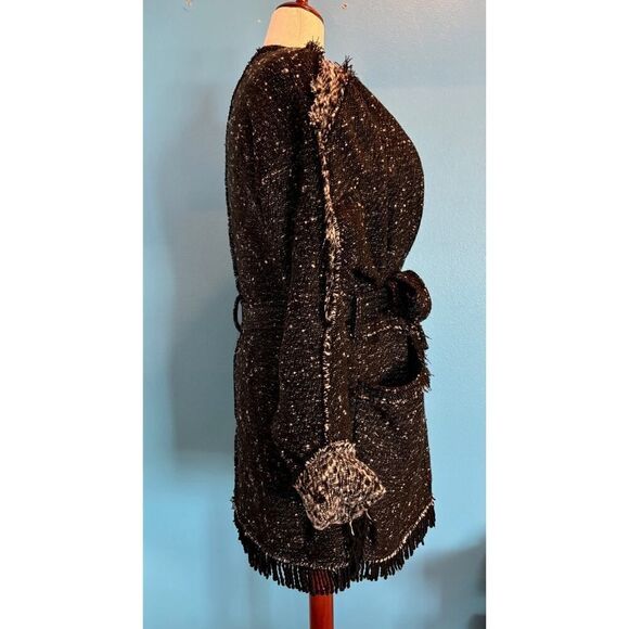 Free People UO Fringe Trim Open Front Coat Jacket Lined Self-Tie Belt M Black - Picture 5 of 10